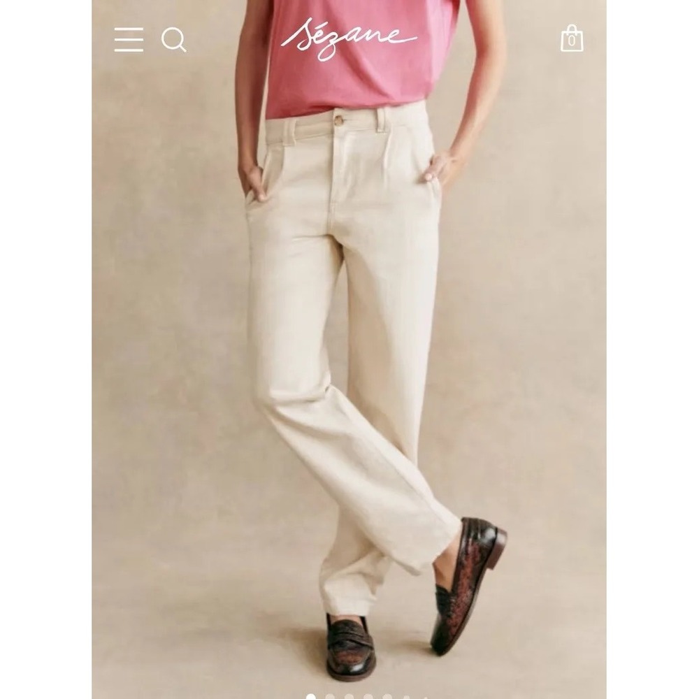 Sezane Austin Trousers Ecru Cream High Waist Straight Leg Pants Size FR 34/US 24